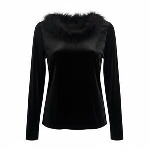 Vintage Black Velvet Top with Faux Fur Collar